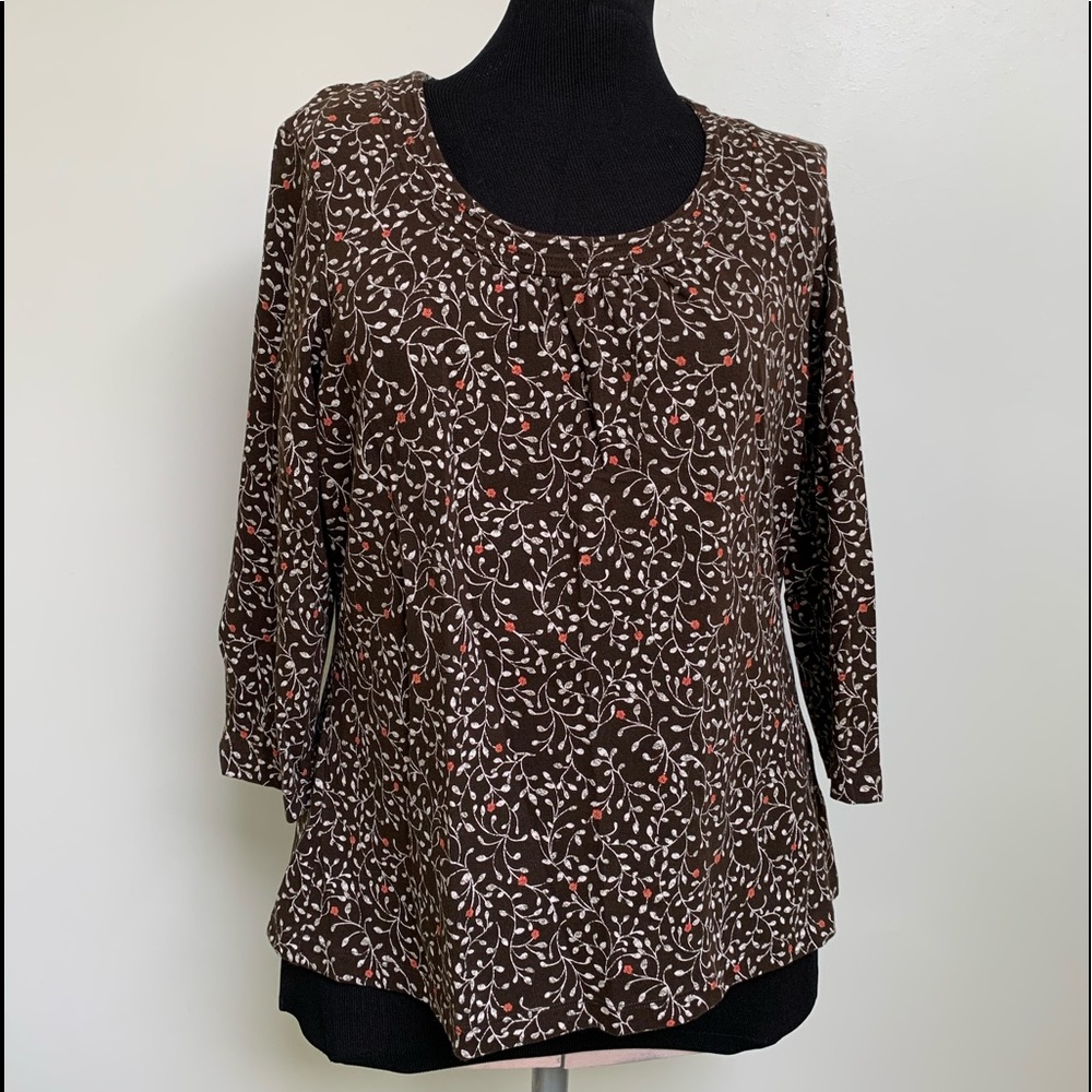 Croft & Barrow Stretch Brown White Floral Shirt-Gathered Front-Cotton Spandex-S